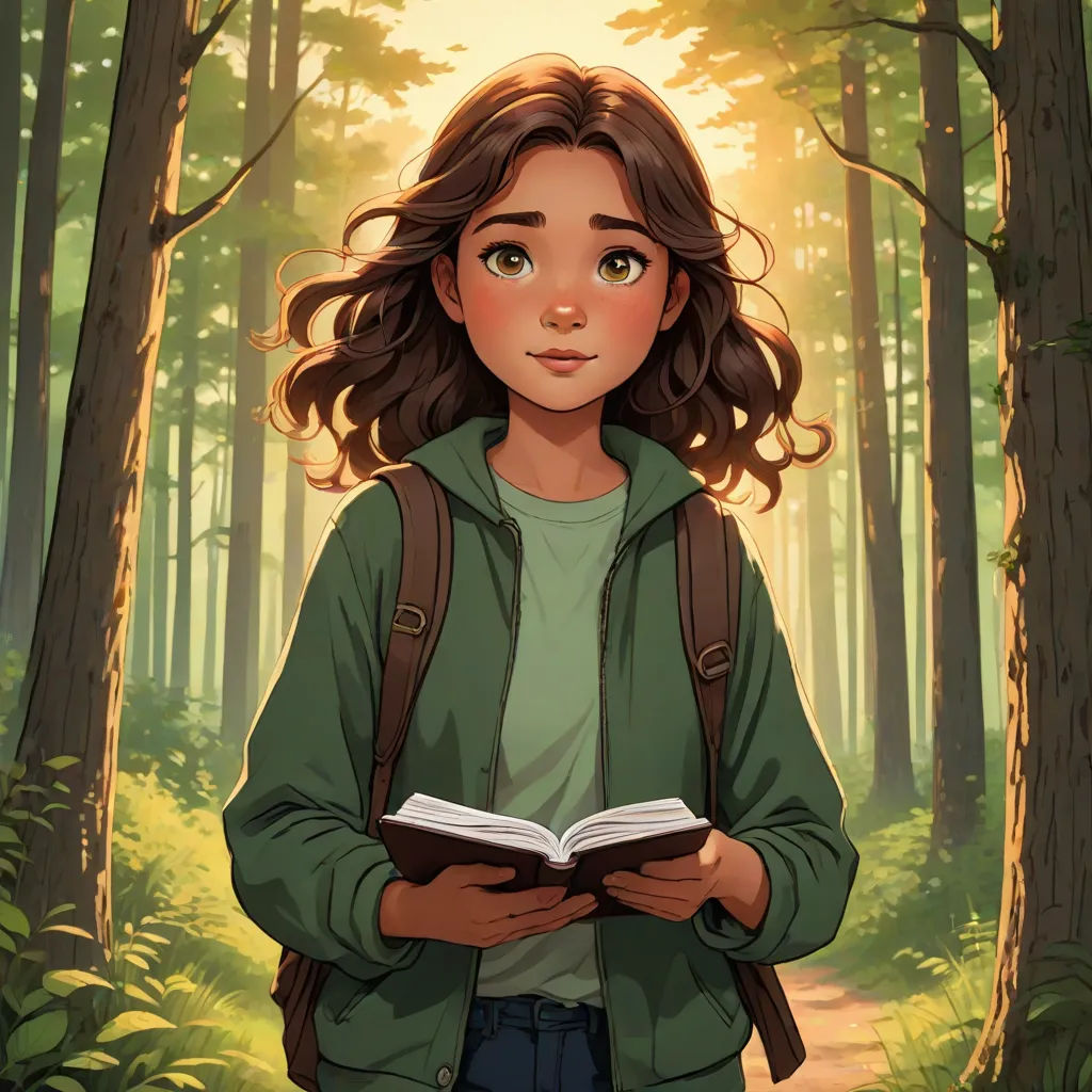 a girl is standing in the woods reading a book and looking at the camera with a smile on her face, fantasy art, a character portrait, Clarice Beckett, official art