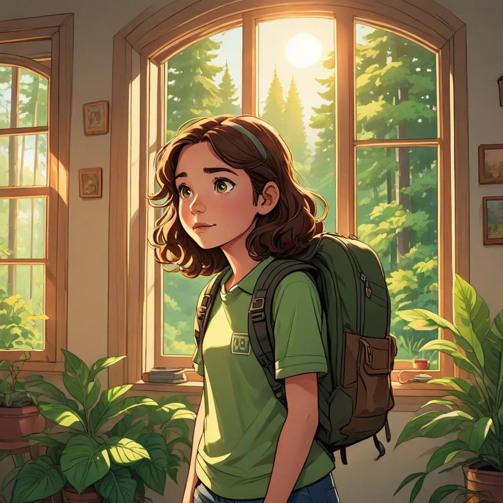 a girl with a backpack standing in front of a window with a view of a forest outside of it, photorealism, a character portrait, Clarice Beckett, rossdraws global illumination