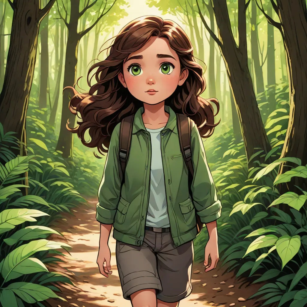 a girl walking through a forest with a backpack on her back and a backpack on her shoulder, with a green jacket on, magical realism, a character portrait, Clarice Beckett, official art