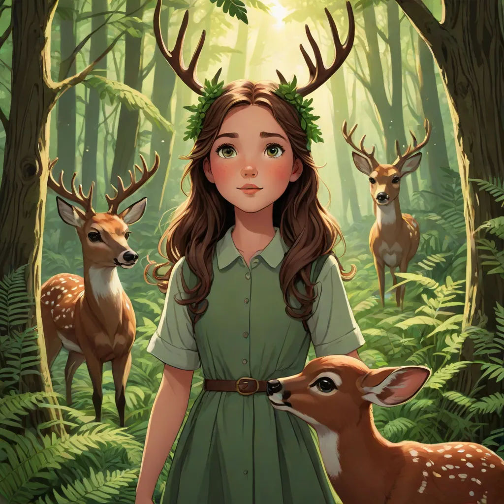 a girl in a forest with deers and ferns on her head and a deer in her hand, with a sun shining through the trees, magical realism, a storybook illustration, Clarice Beckett, leesha hannigan