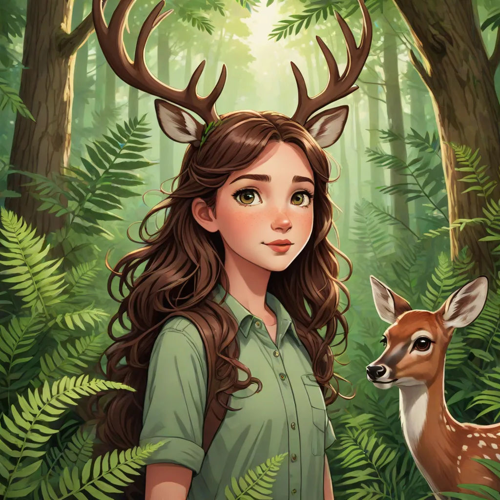 a girl with long hair standing next to a deer in a forest with ferns and trees on the sides, furry art, a character portrait, Clarice Beckett, leesha hannigan