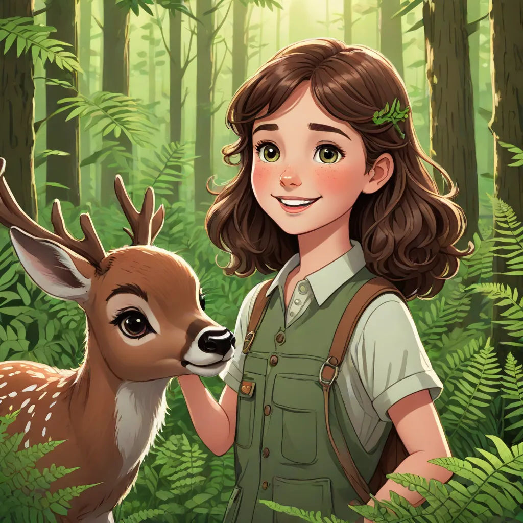 a girl in a forest with a deer in her hand and a forest background with ferns and ferns, and a smiling girl with a deer in a green vest, naturalism, a character portrait, Clarice Beckett, key art