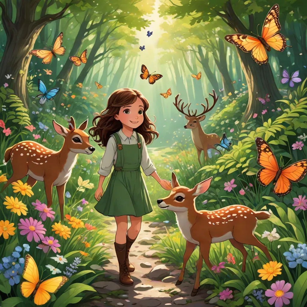 a girl in a green dress is walking through a forest with deers and butterflies on the ground and butterflies flying above her, magical realism, a storybook illustration, Clarice Beckett, storybook illustration