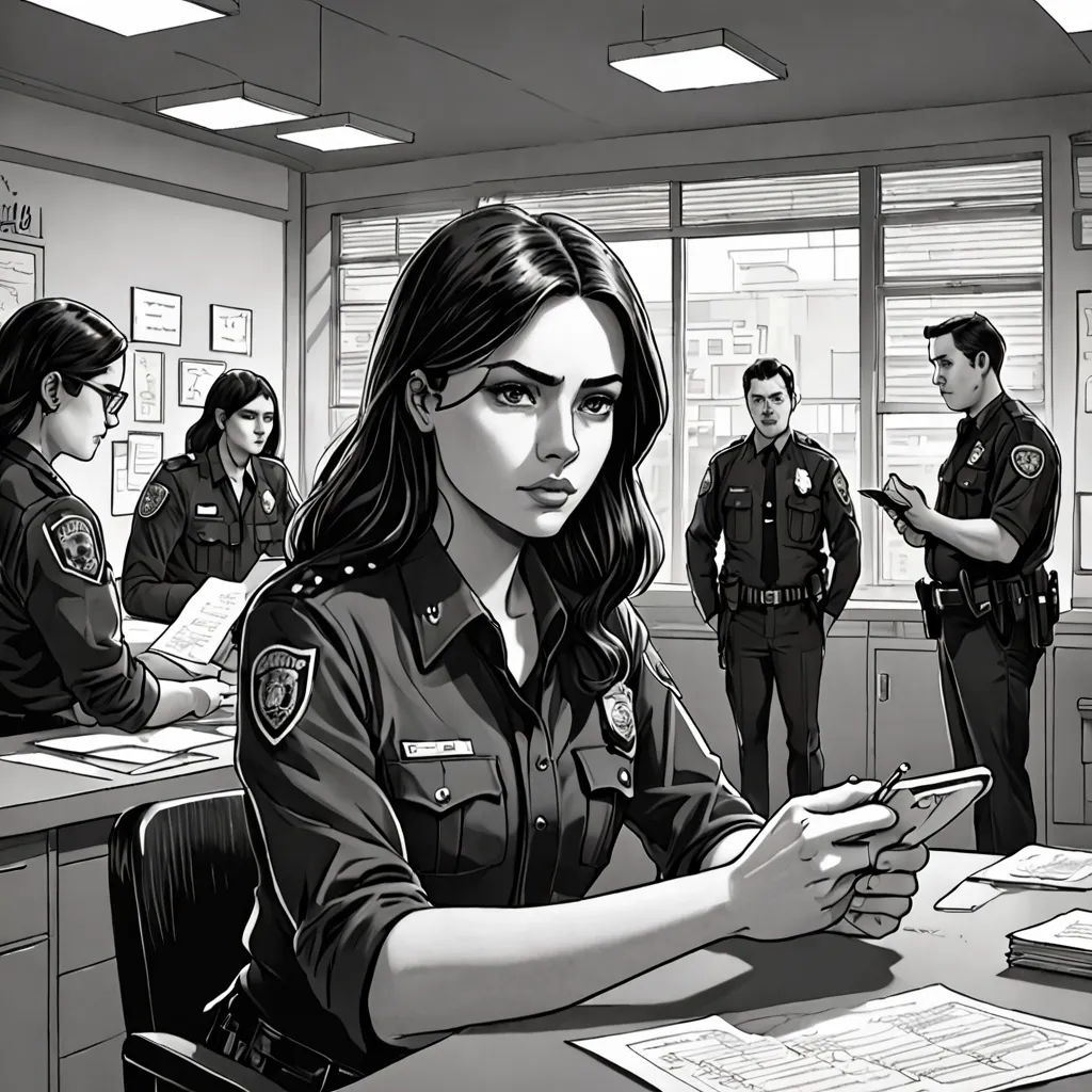 a woman in a police uniform sitting at a desk with a cell phone in her hand and a man standing behind her, serial art, a comic book panel, Artgerm, graphic novel