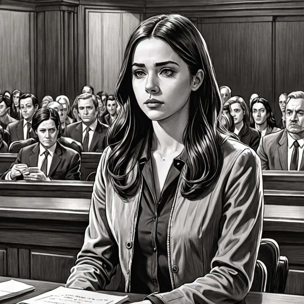 a woman sitting at a desk in front of a group of people in a courtroom with papers in front of her, serial art, a comic book panel, Elisabeth Collins, comic cover art