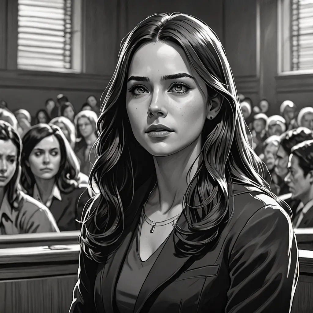 a woman in a courtroom with a lot of people behind her looking at the camera and a man standing behind her, serial art, a comic book panel, Constance Gordon-Cumming, high detail illustration