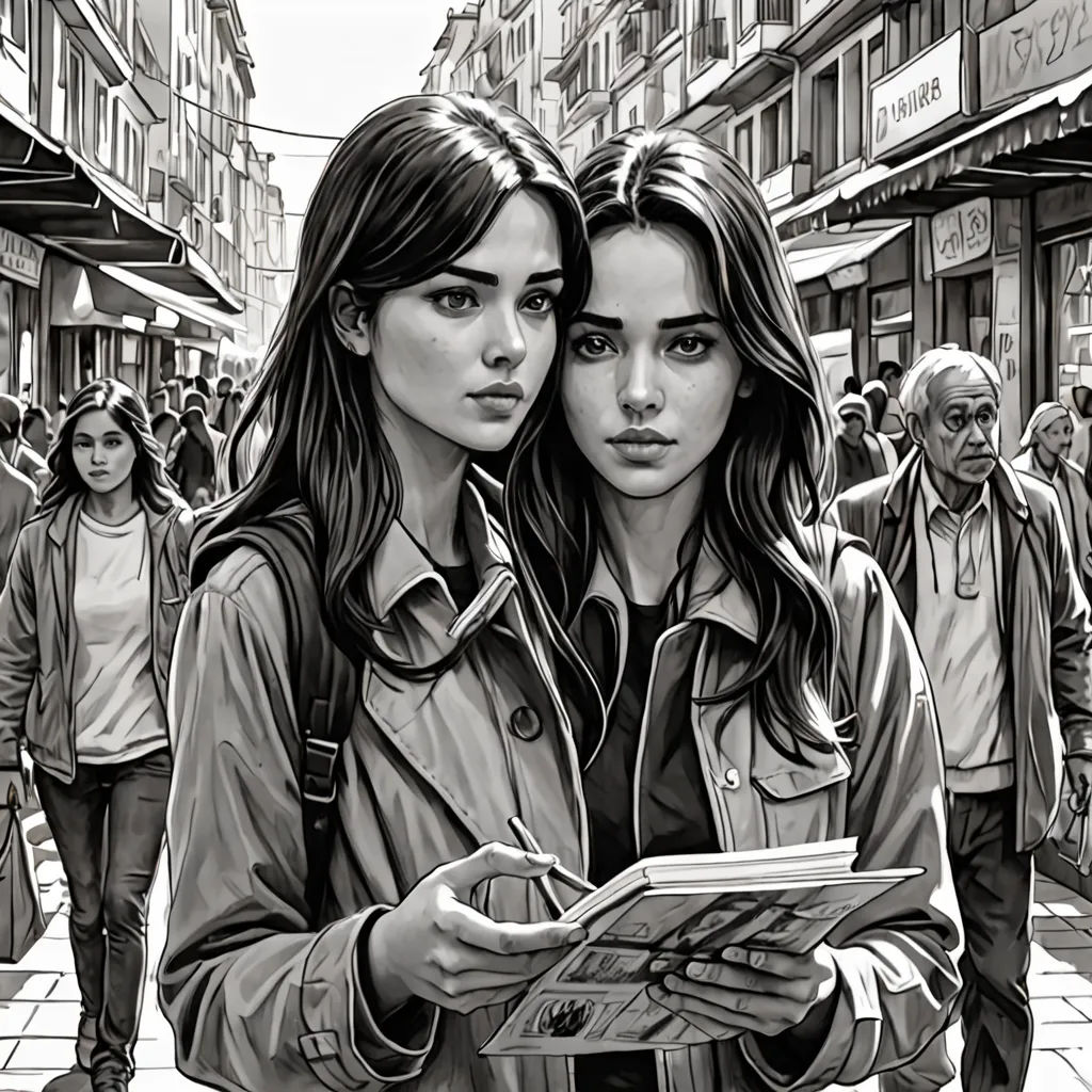 two women are standing together in a crowded street, one is holding a book and the other is looking at a magazine, hyperrealism, a comic book panel, Artgerm, comic cover art