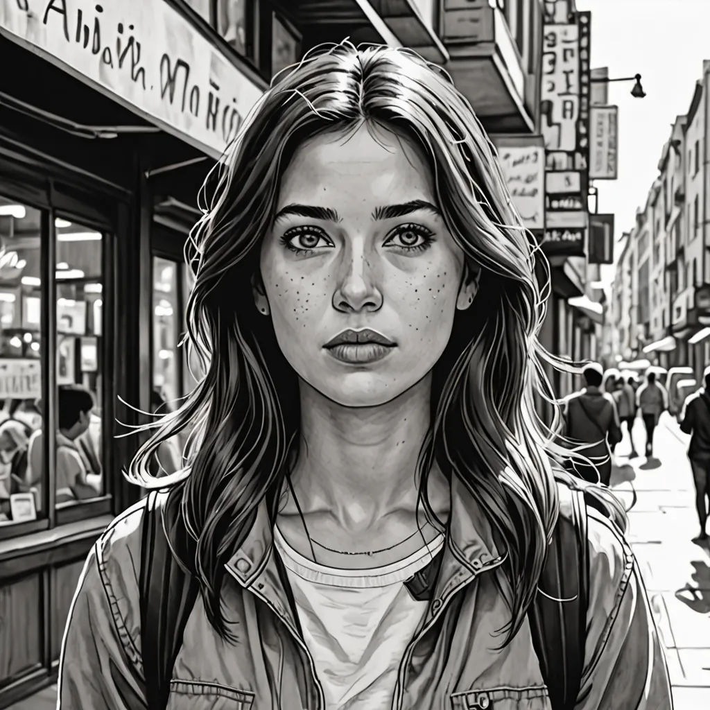a woman is standing on a city street with a backpack on her shoulder and a man in the background, hyperrealism, a photorealistic painting, Alena Aenami, highly detailed digital painting