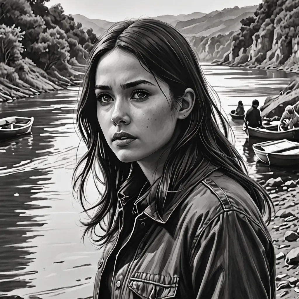 a woman standing next to a river with boats on it and a man in the background looking at the camera, photorealism, a photorealistic painting, David Palumbo, highly detailed digital painting