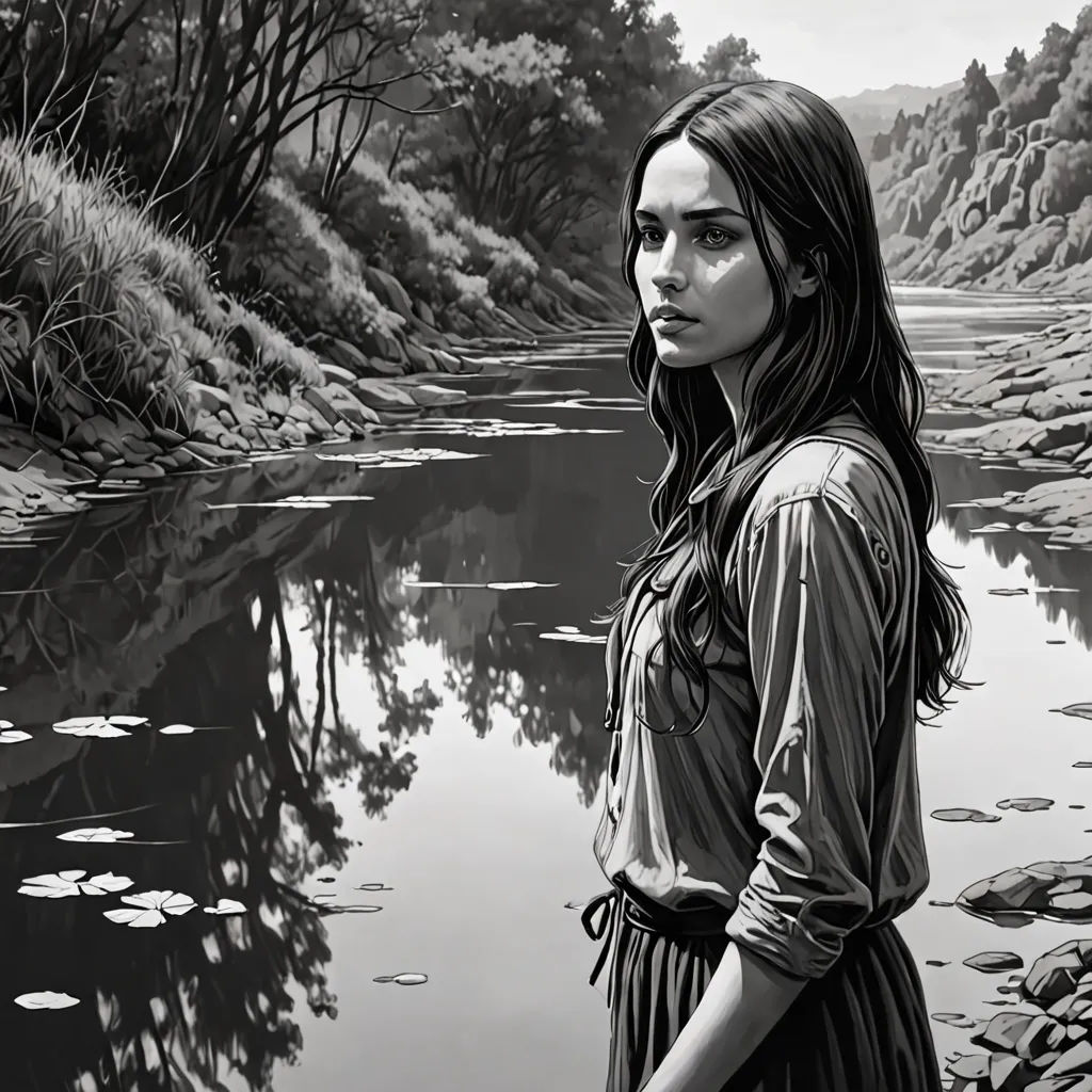 a woman standing in front of a river with a forest in the background and a reflection of her face in the water, figurative art, an ultrafine detailed painting, Brad Kunkle, highly detailed digital painting
