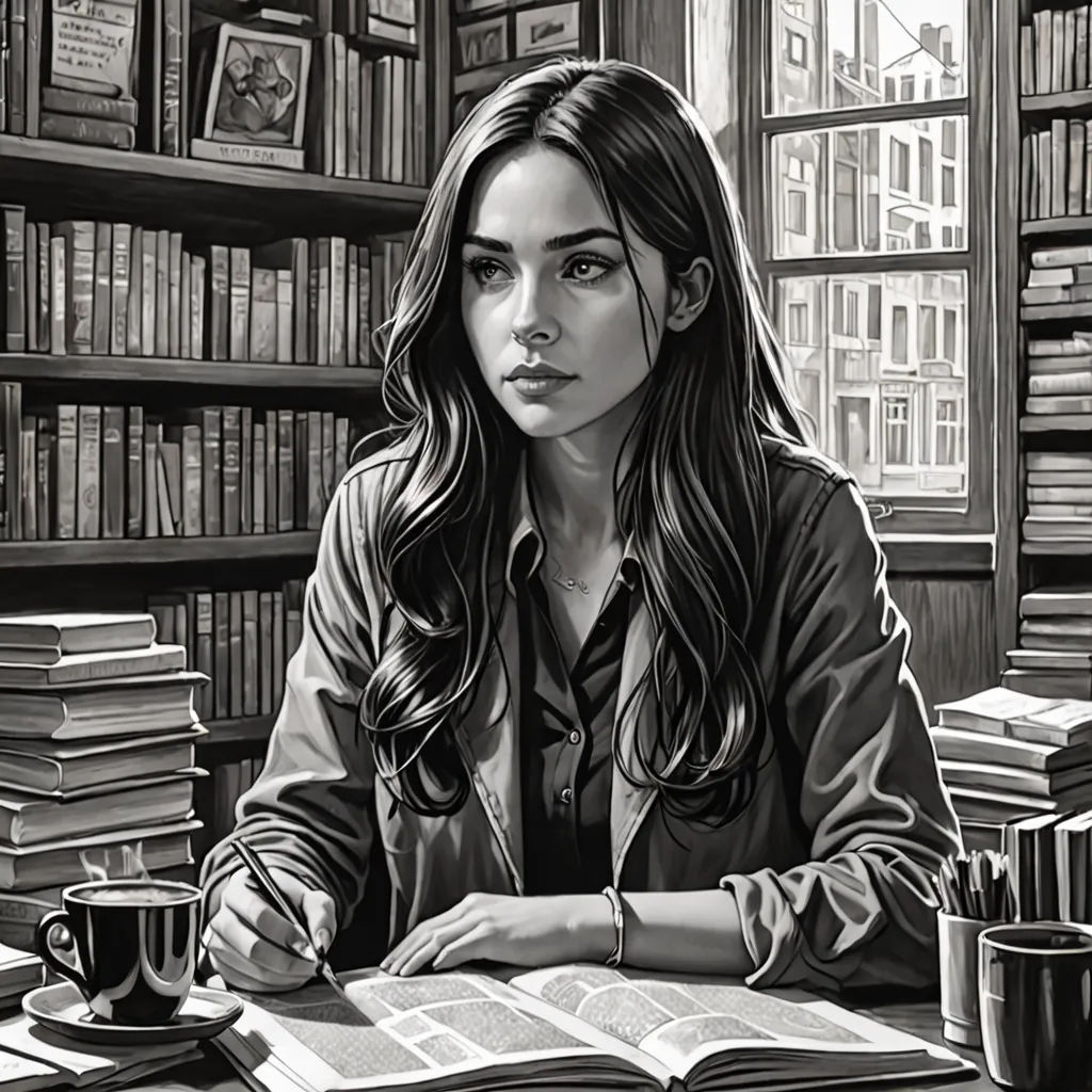 a woman sitting at a table with a book and a cup of coffee in front of her and a bookcase full of books, academic art, an ultrafine detailed painting, Charlie Bowater, high detail illustration