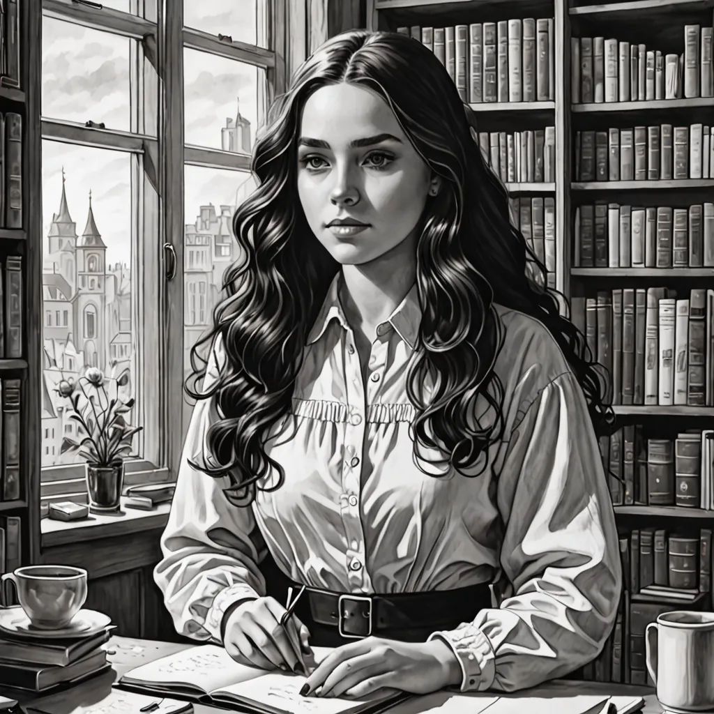a woman sitting at a desk in front of a window with a bookcase and a cup of coffee, figurative art, an ultrafine detailed painting, Colin Middleton, high detail illustration