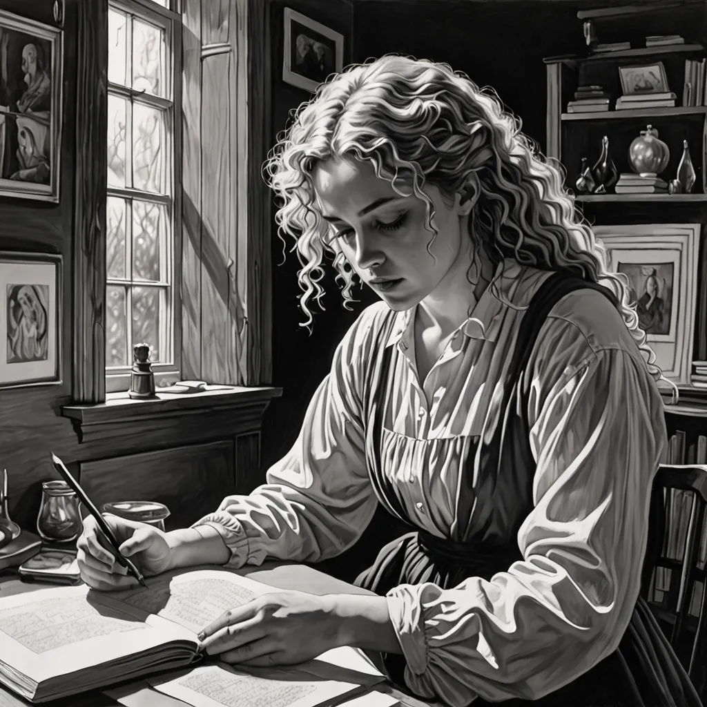 a woman sitting at a table writing on a book and holding a pen in her hand and a glass of wine in front of her, figurative art, an ultrafine detailed painting, Brad Kunkle, highly detailed digital painting