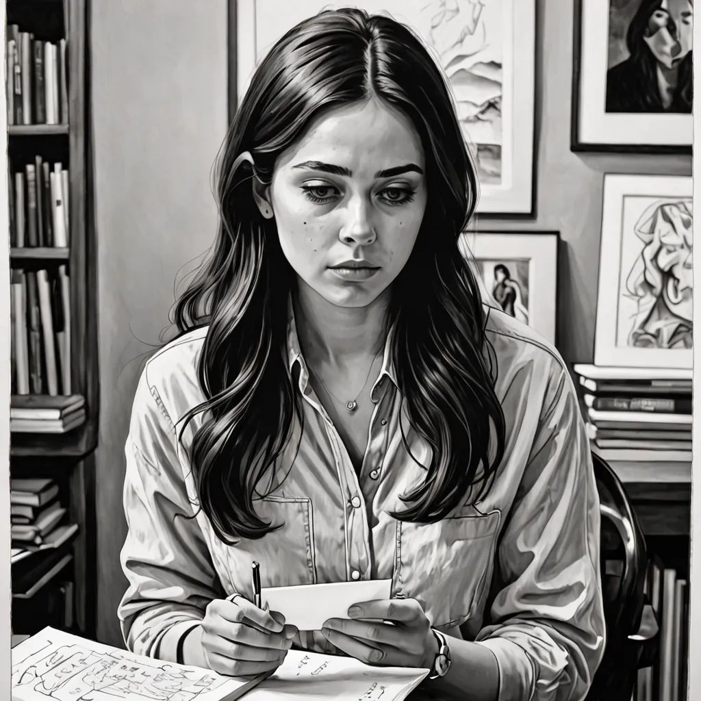 a woman sitting at a desk writing on a piece of paper with a pen in her hand and a book in front of her, figurative art, an ultrafine detailed painting, Art & Language, extremely detailed oil painting