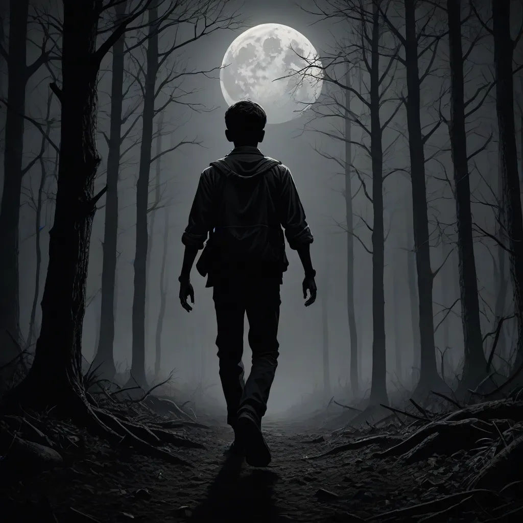 a man walking through a forest with a full moon in the background at night time with a full moon in the sky, poster art, Dirk Crabeth, sots art, promotional image