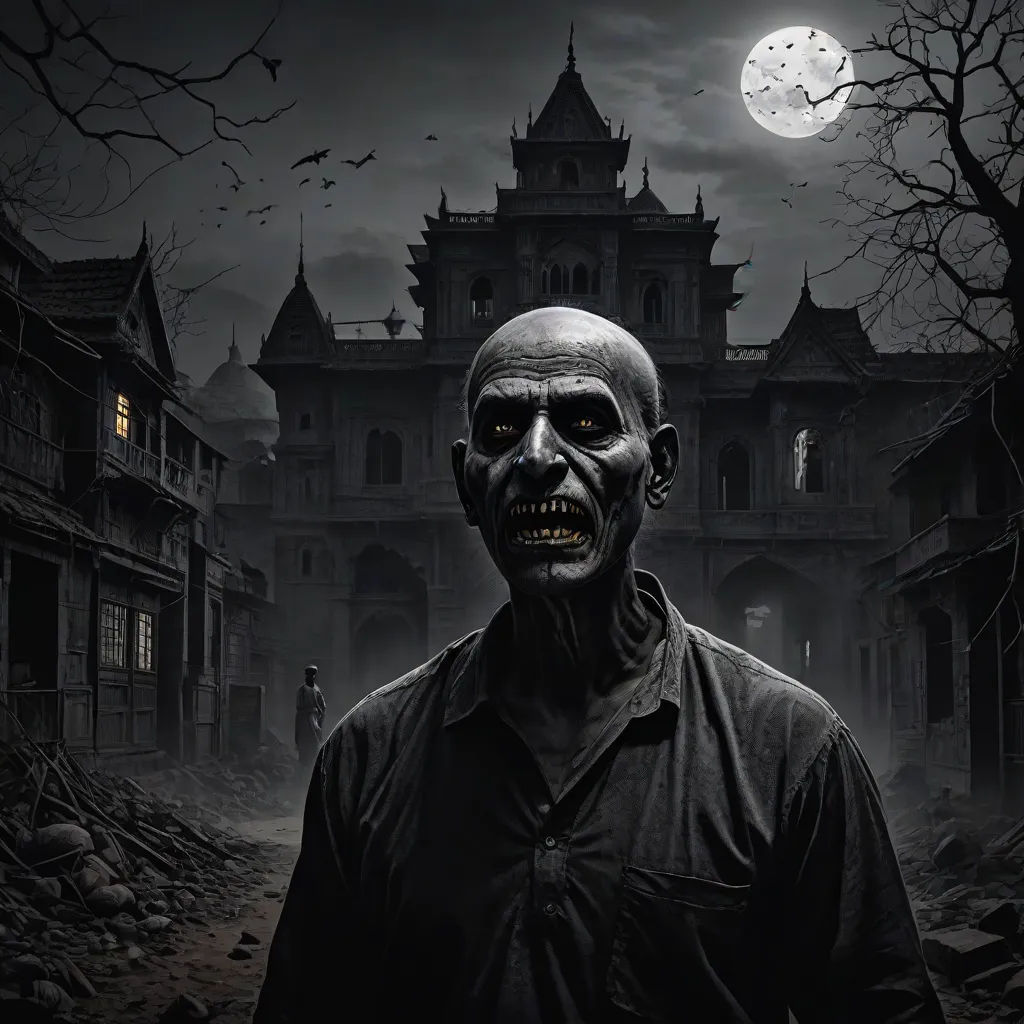 a creepy man with a creepy face and a creepy house in the background with a full moon in the sky, a detailed matte painting, Dirk Crabeth, gothic art, dark art