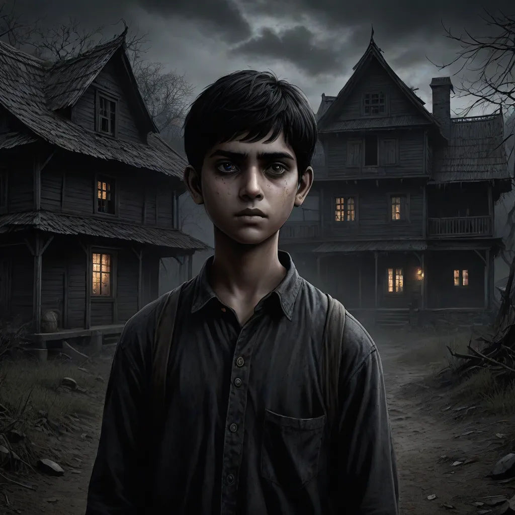 a young boy standing in front of a creepy house at night with a creepy light on his face and a creepy looking house in the background, a detailed matte painting, Diego Gisbert Llorens, samikshavad, promotional image