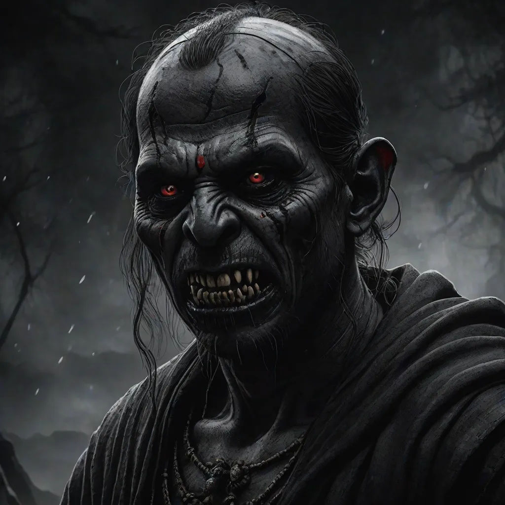 a creepy looking man with red eyes and a black robe on his face, with a creepy look on his face, a detailed matte painting, Bholekar Srihari, gothic art, dark fantasy art