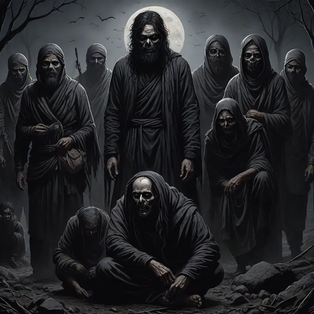 a group of people standing in a dark forest with a full moon behind them and a man in the middle of the group, a detailed matte painting, Bastien L. Deharme, gothic art, dark art