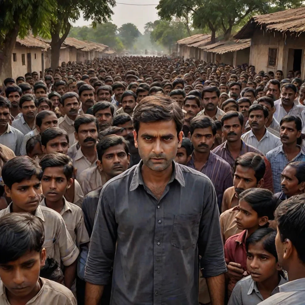 a man standing in front of a large crowd of people in a village in india, with a man in the middle of the crowd, a screenshot, Bhupen Khakhar, samikshavad, movie still frame