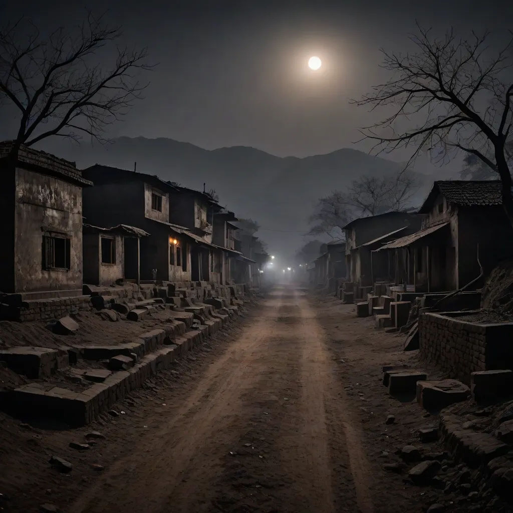 a dirt road with a full moon in the background and a few buildings on the side of the road, a detailed matte painting, Chen Chun, art photography, grim yet sparkling atmosphere