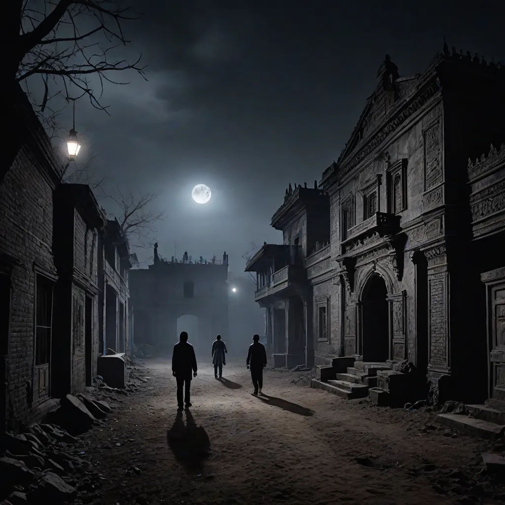 three people walking down a dark street at night with a full moon in the background and a building with a clock tower, a detailed matte painting, Dirk Crabeth, art photography, cinematic matte painting