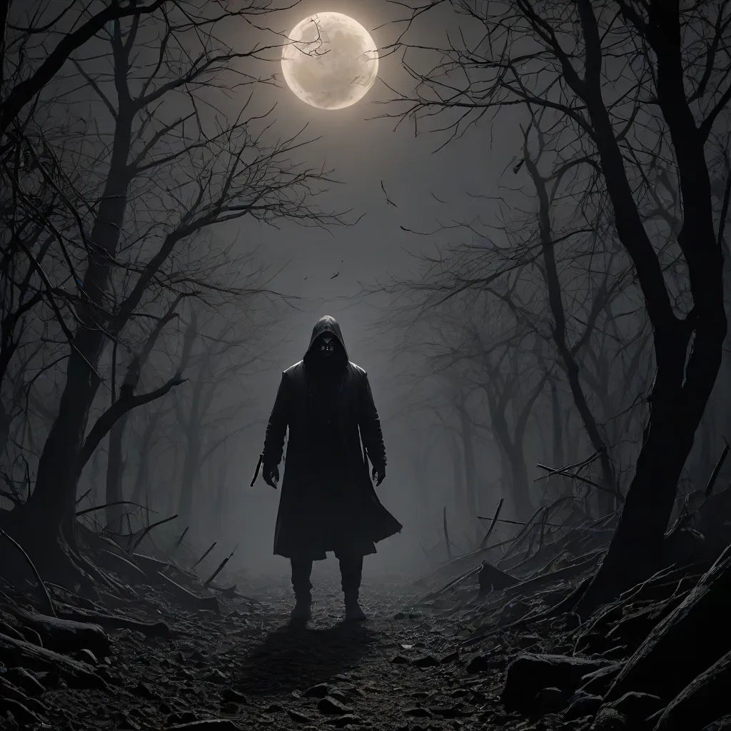 a man in a hooded coat standing in a dark forest under a full moon with a full moon in the background, a matte painting, Dirk Crabeth, gothic art, bloodborne