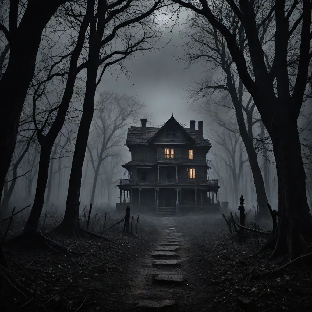 a creepy house in the woods with a creepy light coming from the window and a creepy staircase leading up to it, a detailed matte painting, Dirk Crabeth, gothic art, horror theme