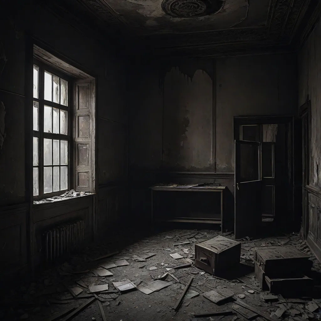 a room with a broken window and a broken suitcase in it, with a broken ceiling and a broken window, a detailed matte painting, Andor Basch, neoplasticism, decay