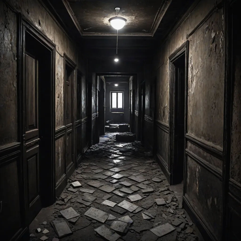 a dark hallway with a light on and a bunch of doors open in it, with a stone floor, a detailed matte painting, Dirk Crabeth, photorealism, unreal engine 5 highly rendered