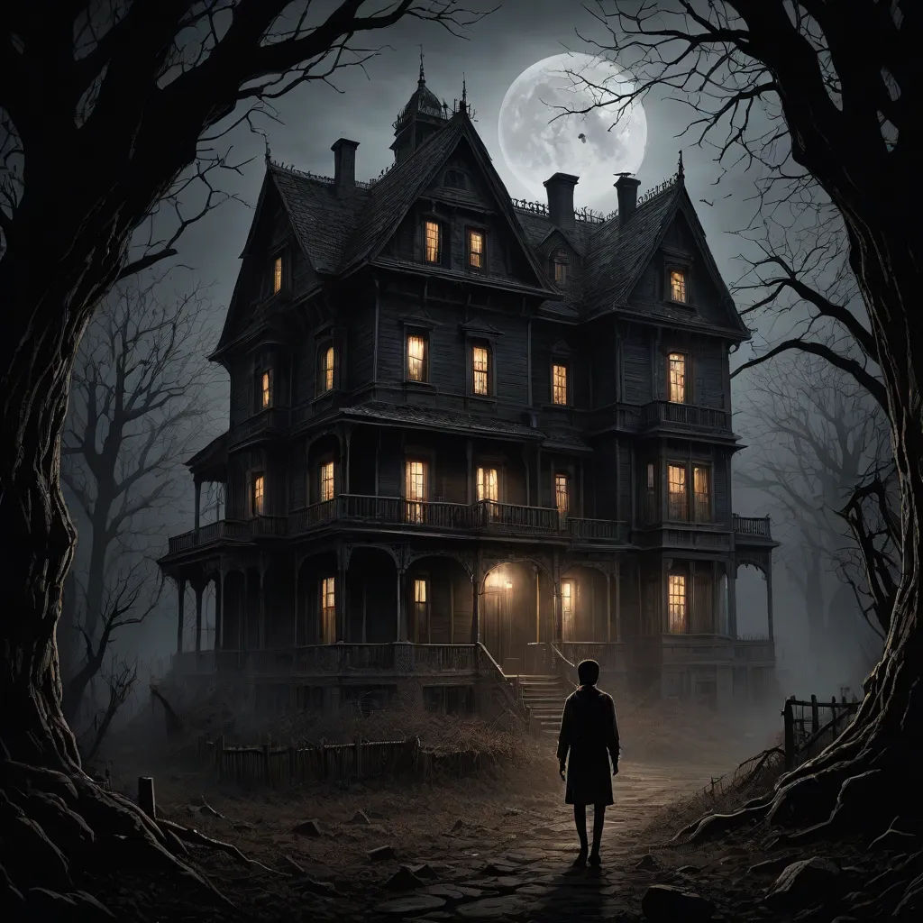 a man standing in front of a creepy house at night with a full moon in the background and a full moon in the sky, a detailed matte painting, Dirk Crabeth, gothic art, matte drawing