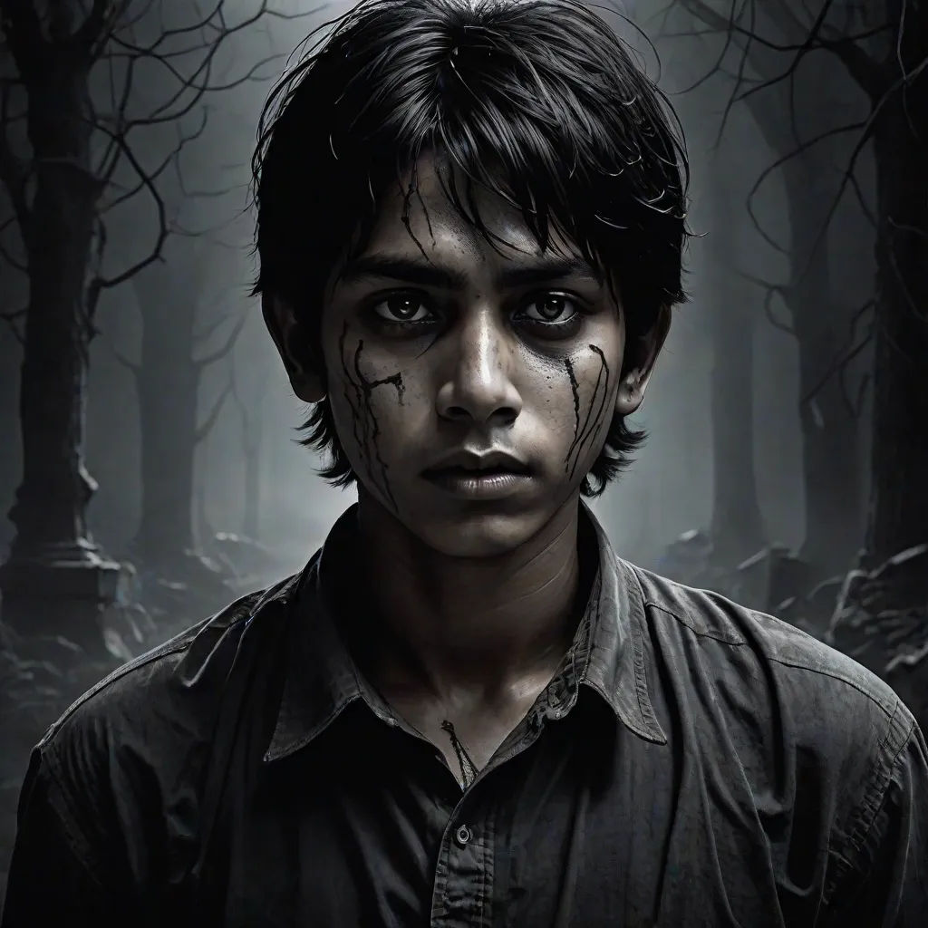 a man with black makeup and a creepy look on his face in a dark forest with trees and branches, a detailed matte painting, Dirk Crabeth, samikshavad, promotional image