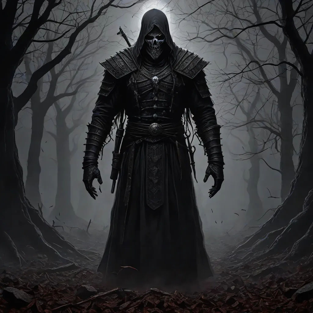 a man in a hooded suit standing in a forest with a sword in his hand and a full head of blood, concept art, Eddie Mendoza, gothic art, epic fantasy character art