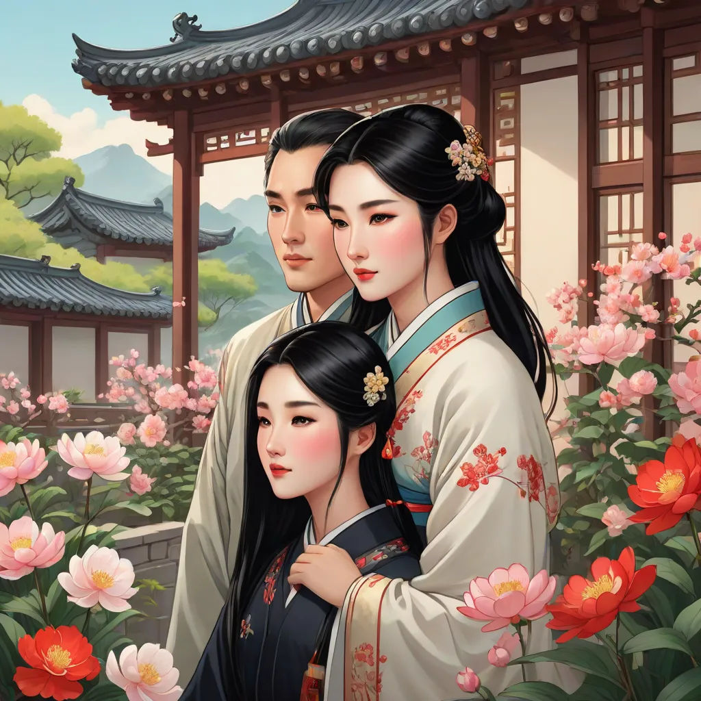 a painting of a couple and their child in a garden with flowers and a pagoda in the background with a sky background, cloisonnism, a detailed painting, Du Jin, official art