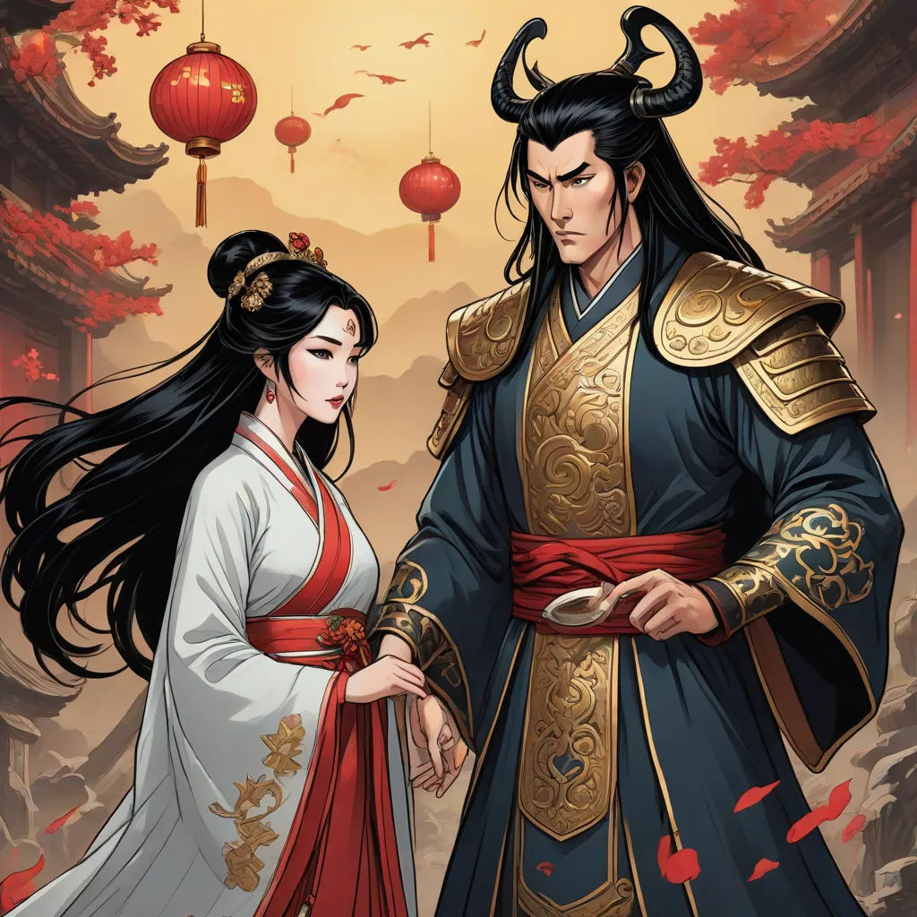 a man and woman dressed in oriental clothing standing next to each other in front of a red and yellow background, fantasy art, a comic book panel, Emperor Huizong of Song, comic cover art