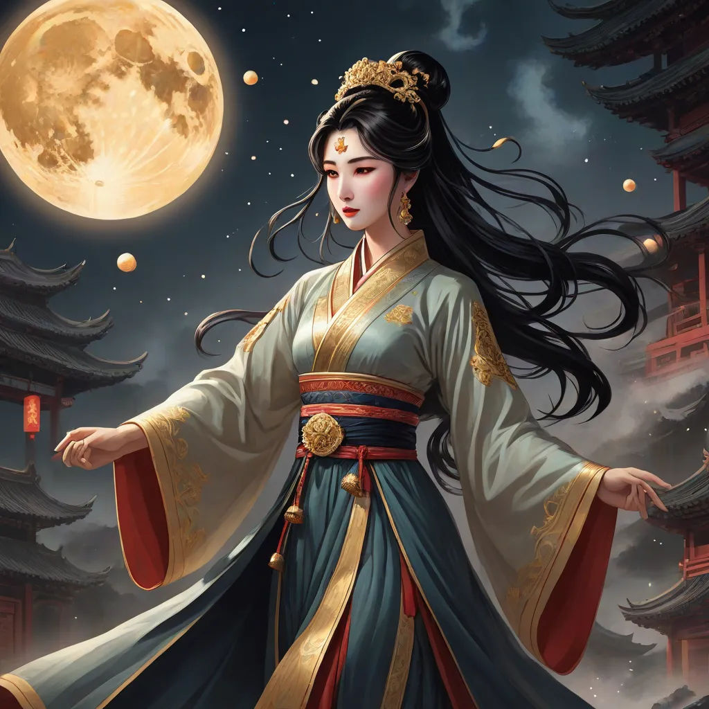 a woman in a chinese dress standing in front of a full moon and a full moon behind her is a full moon, fantasy art, a detailed painting, Fan Qi, full moon