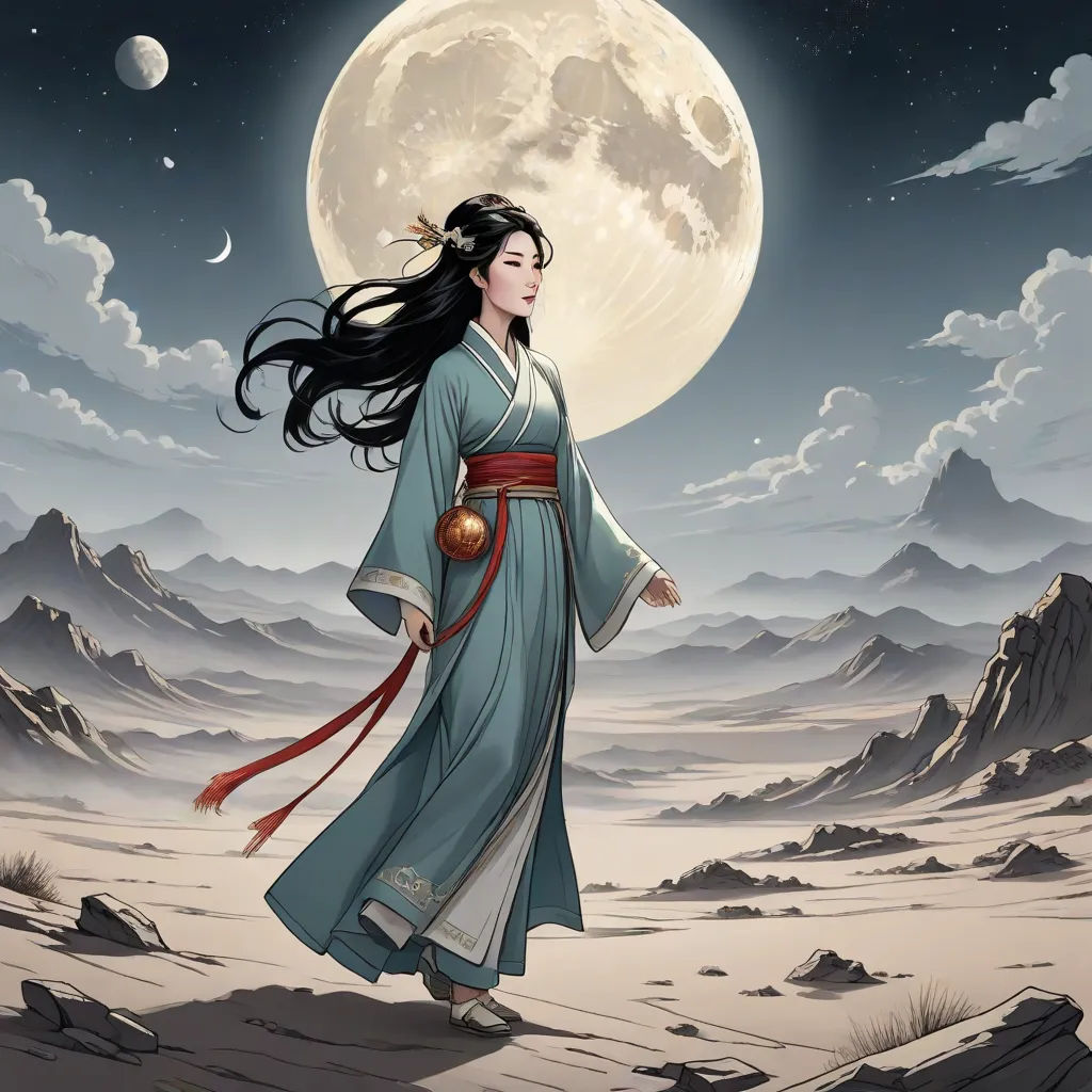 a woman in a blue dress is walking in the desert with a full moon in the background and a full moon in the sky, fantasy art, a detailed matte painting, Chen Chun, moon