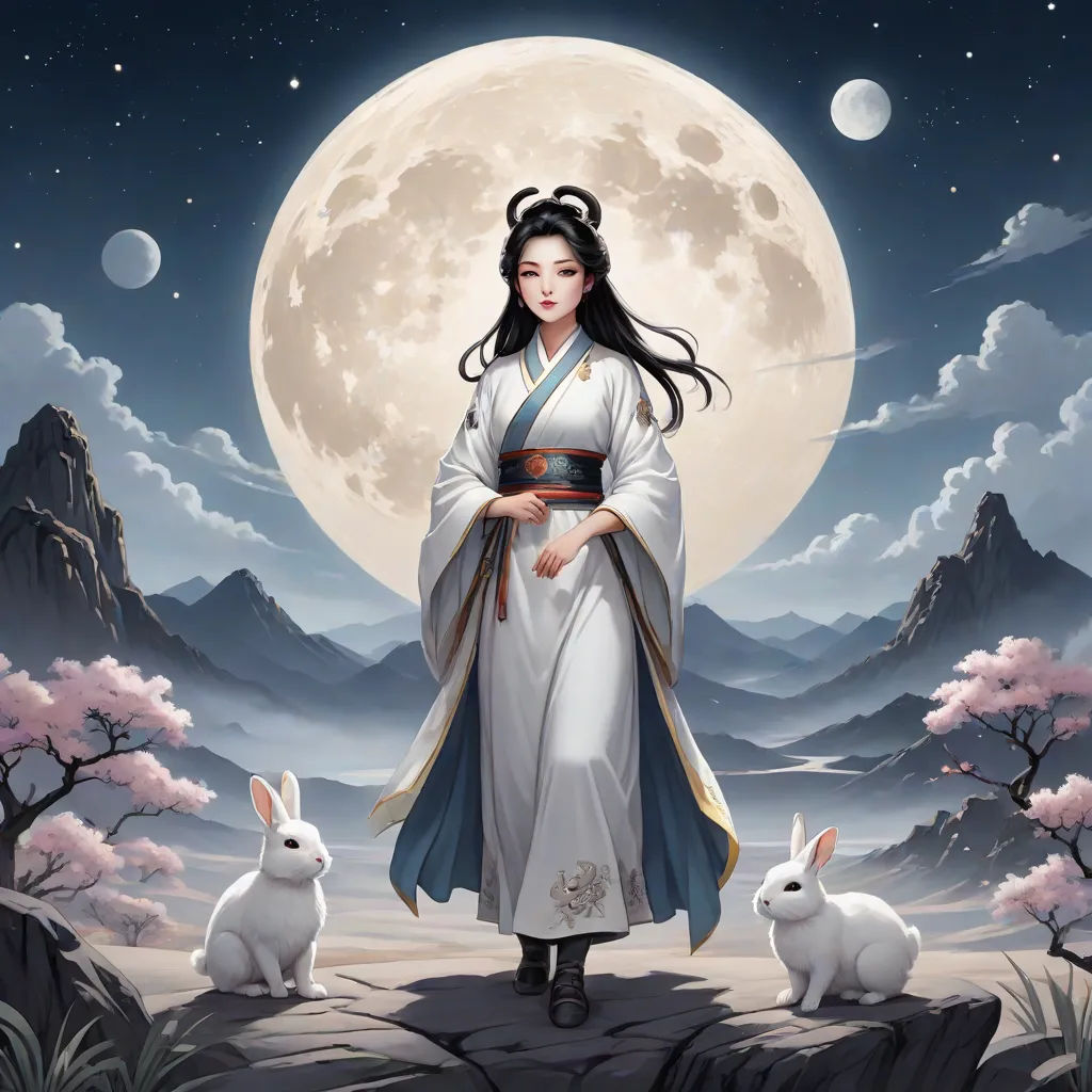 a woman in a kimono standing in front of a full moon with rabbits in the foreground and a mountain in the background, fantasy art, a detailed painting, Fan Qi, fantasy artwork