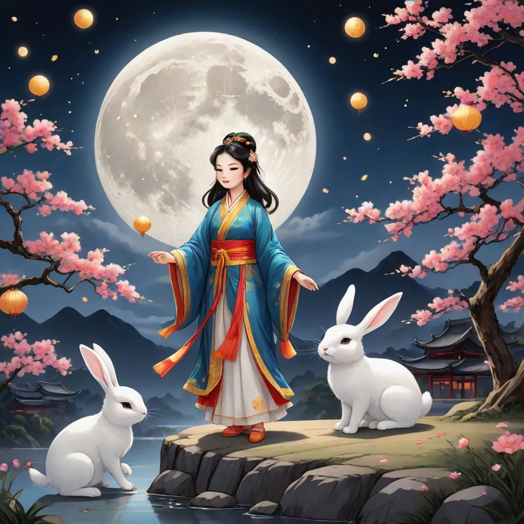 a woman standing next to two rabbits in front of a full moon and a full moon sky with lanterns, magical realism, a storybook illustration, Chen Chun, fantasy artwork