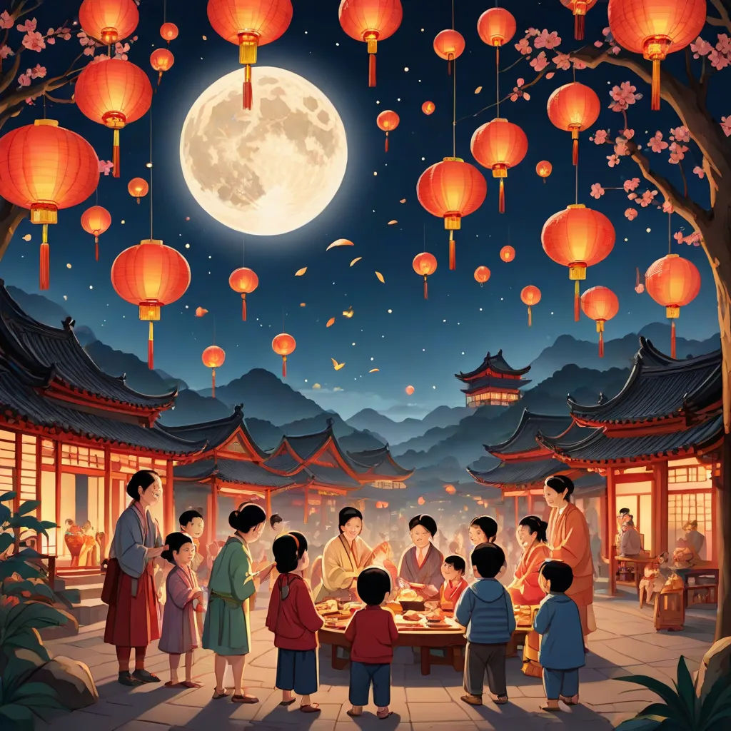 a group of people standing around a table under a full moon sky with lanterns hanging from the ceiling and a full moon in the sky, naive art, a storybook illustration, Arthur Pan, highly detailed digital painting