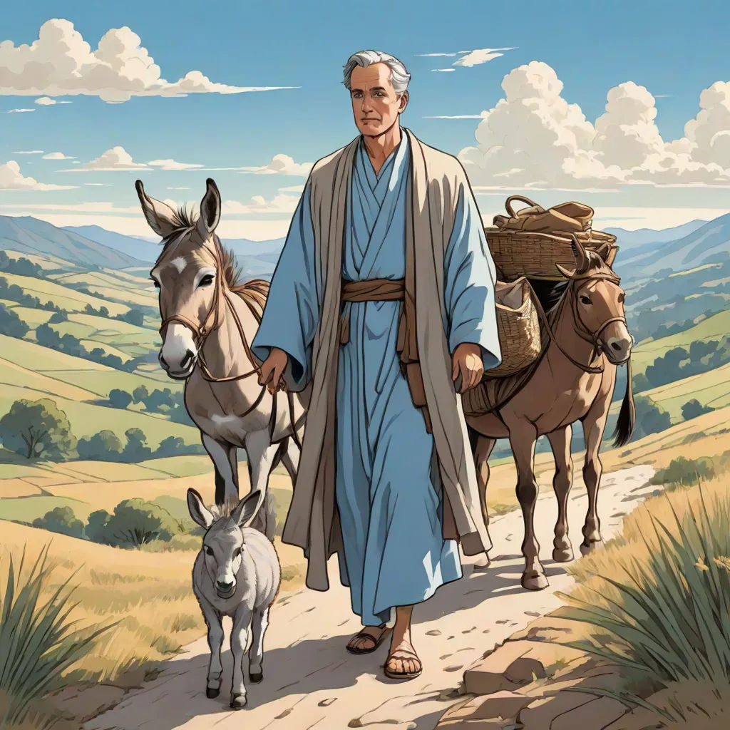 a man in a robe walking with two donkeys on a path in a field with mountains in the background, synthetism, a comic book panel, Colin Middleton, official art