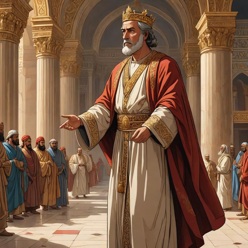 a painting of a man in a crown and robes standing in front of a crowd of people in a building, excessivism, a detailed drawing, Edmund Leighton, detailed illustration