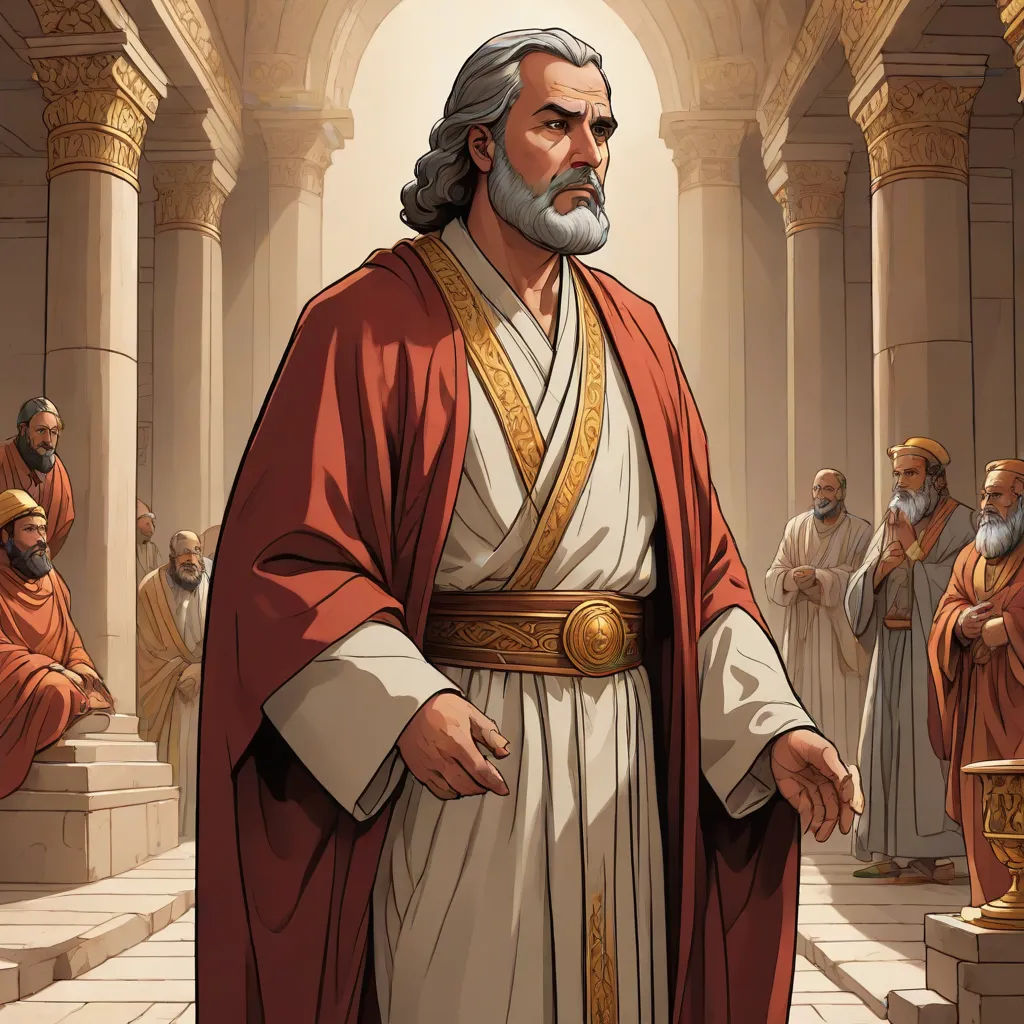 a man in a red robe standing in a room with other men in orange robes and gold trims, unilalianism, a detailed drawing, Adam Saks, high detail illustration