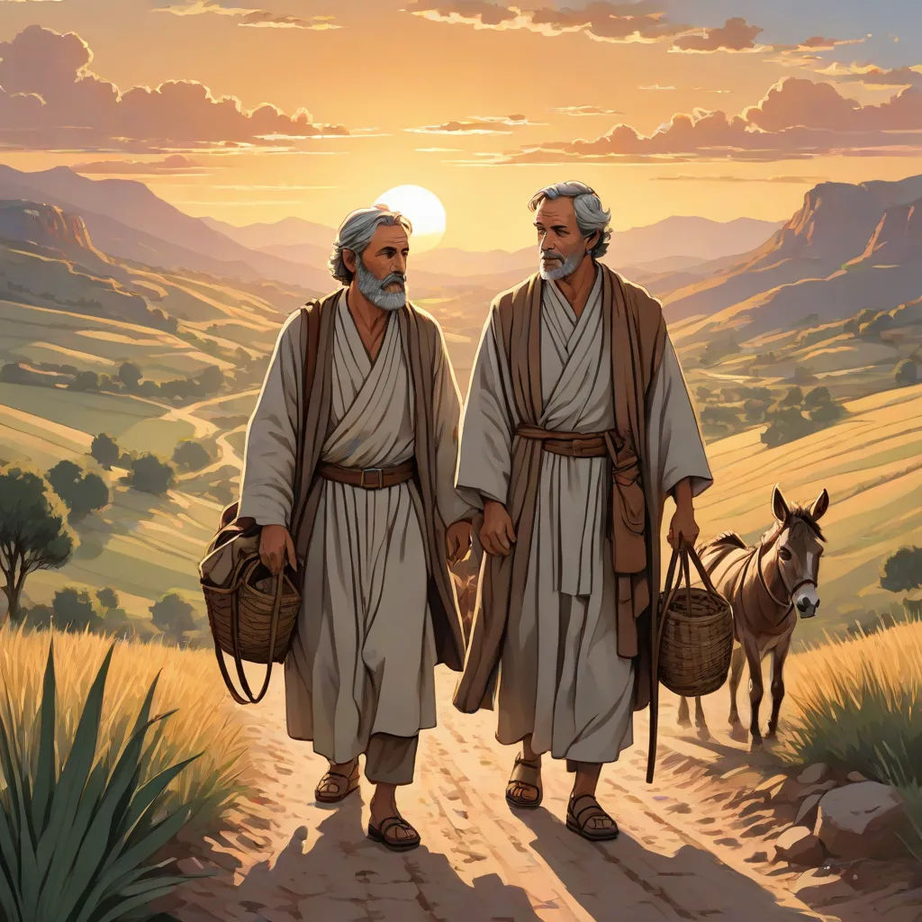 two men walking down a dirt road with donkeys in hand and a sunset in the background behind them, incoherents, a storybook illustration, Brothers Hildebrandt, official art