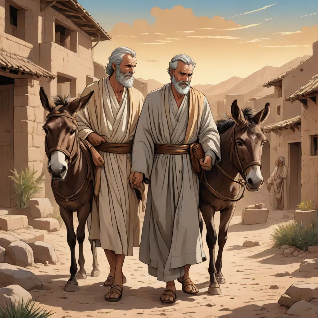 a painting of two men walking with two donkeys in a village with stone buildings and a sky background, incoherents, a storybook illustration, Brothers Hildebrandt, detailed illustration