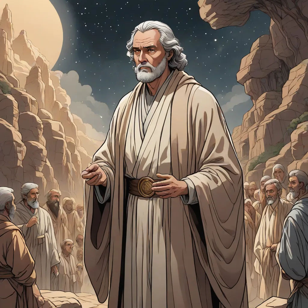 a cartoon of a man with a beard and a beard standing in front of a group of people in a rocky area, space art, a comic book panel, Edward George Handel Lucas, graphic novel