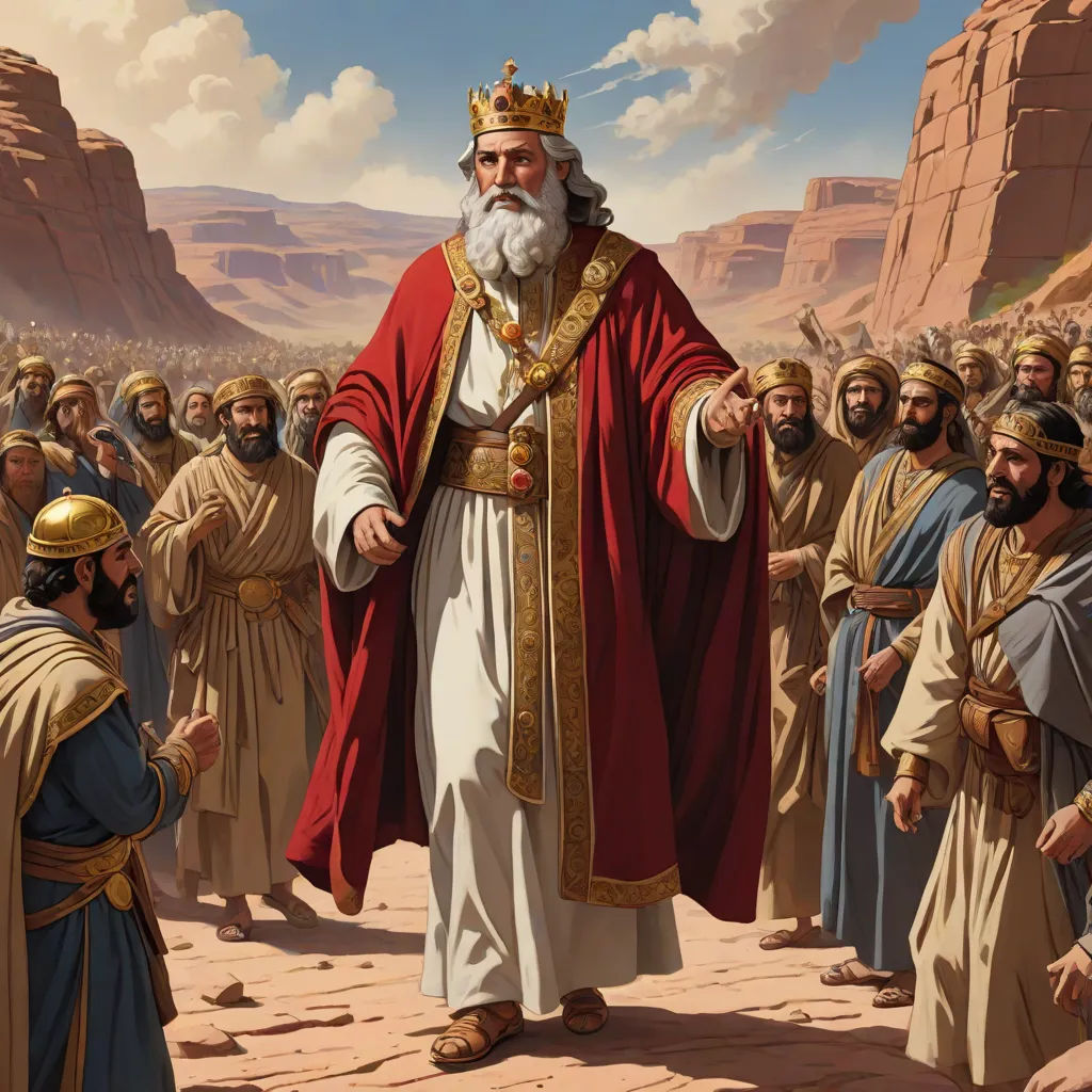a painting of a man in a red robe and crown standing in front of a group of men in desert like outfits, excessivism, a detailed drawing, De Hirsh Margules, detailed illustration
