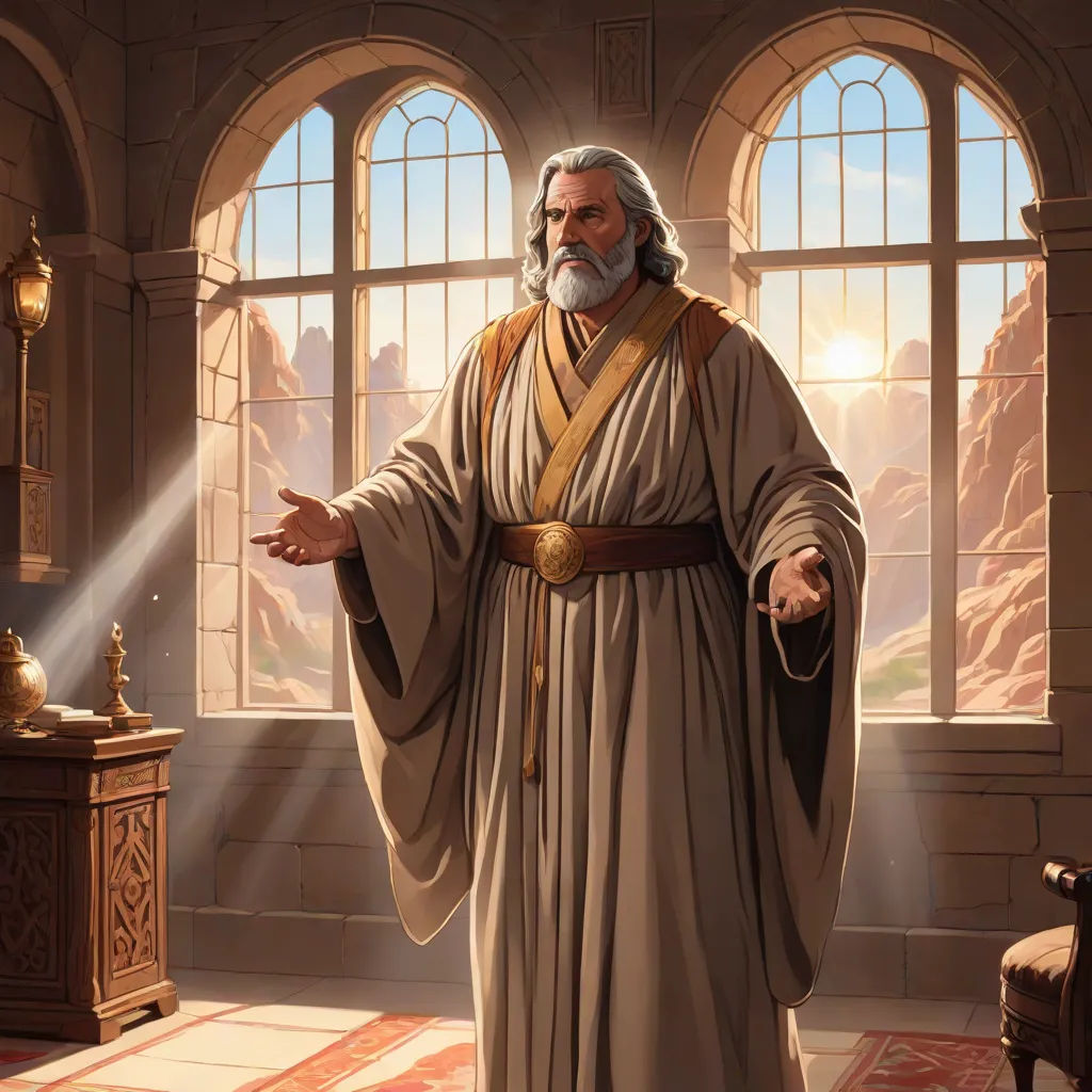 a man in a robe standing in front of a window with a light shining on him and a lamp in his hand, fantasy art, a storybook illustration, Christophe Vacher, radiant light