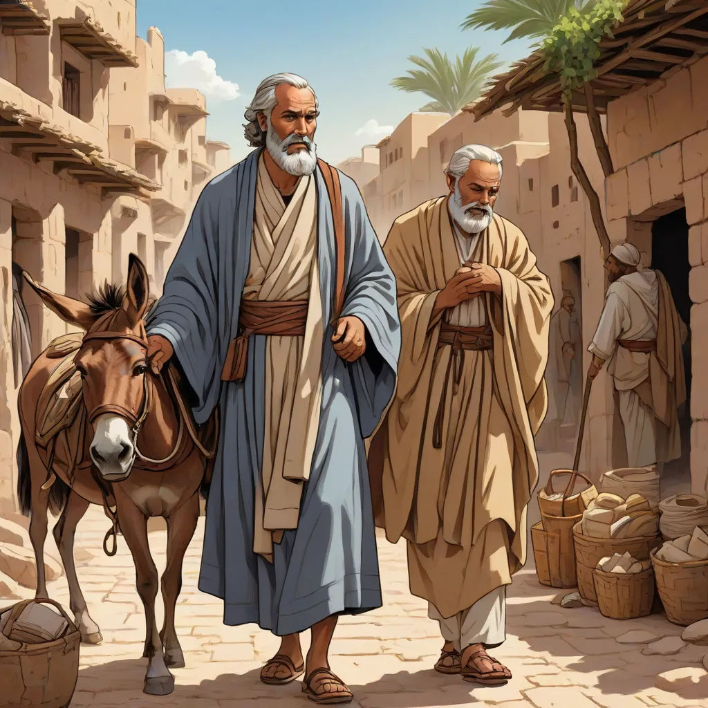 a painting of a man walking with a donkey in a village with palm trees and a man in a robe, neoism, a storybook illustration, Andries Both, detailed illustration