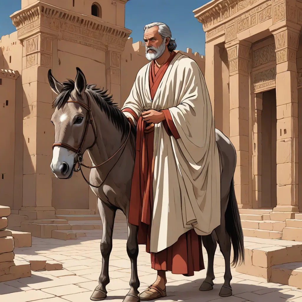 a man in a white robe is standing next to a horse and a building with pillars and pillars on it, neoism, a storybook illustration, Esaias Boursse, detailed illustration
